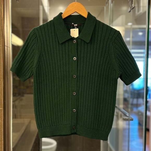 UNIQLO Ribbed Sweater-Knit Polo Short-Sleeve Button-Up Cardigan (Green) - Picture 11 of 16